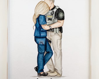 First Responder couple watercolor. Nurse and Police Officer Watercolor. Couple portrait