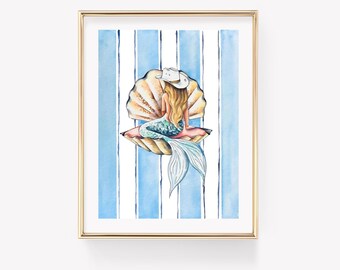 Cowgirl Mermaid Art Print. Coastal Cowboy Decor. Teen Girl Wall Art.
