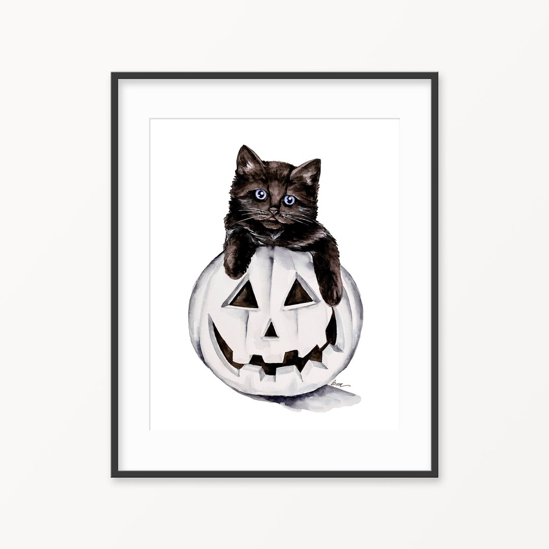 Halloween Watercolor Print. Black Cat Watercolor. Jack O Lantern Art ...