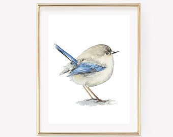 Fairy Wren watercolor print. Baby bird art. Bird Watercolor art. Backyard Birds Art. Bird Nursery art.