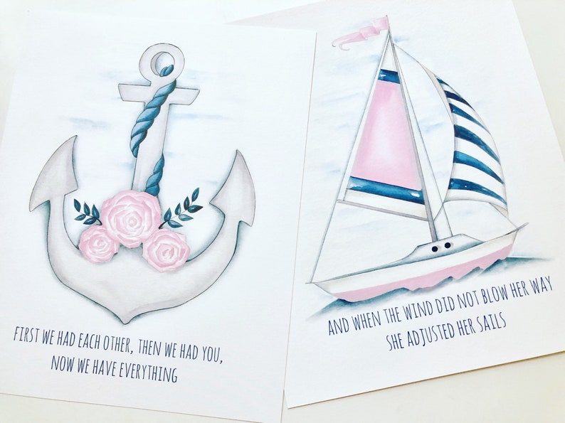 Girl nautical decor Nautical nursery decor Anchor nursery decor Nautical matching print set Pink nautical nursery decor