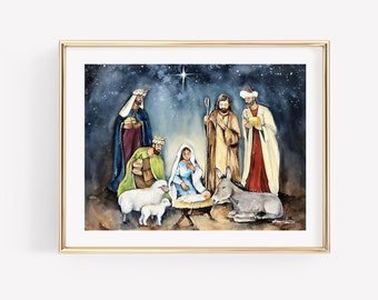 Nativity Scene Watercolor Art Print. Mary and Jesus. Religious Art. Jesus Art. Christian Decor. Christmas wall art.
