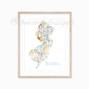 READY TO SHIP New Jersey state watercolor print. Seashells watercolor.
