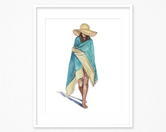 Strandmeisje aquarelprint. Floppy hoed kunstprint. Mode illustratie.