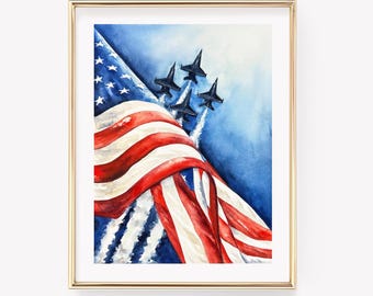 Blue Angels Watercolor. American Flag watercolor. Flyover Art.  American flag print. Patriotic wall art. Fighter jet art. Pilot Gift.