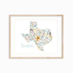 May include: A watercolour painting of the state of Texas, outlined in seashells and starfish, with the word "home." written below.