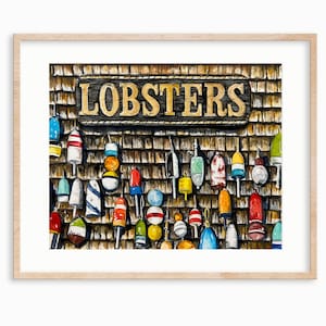 Lobster Sign Watercolor Print. Buoys on Wall Art. Buoy Art. Nautical Decor. Lobster Wall Art.