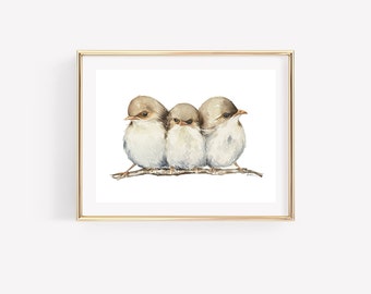 Three Little Birds watercolor print. Baby bird art. Bird Watercolor art. Backyard Birds Art. Bird Nursery art.