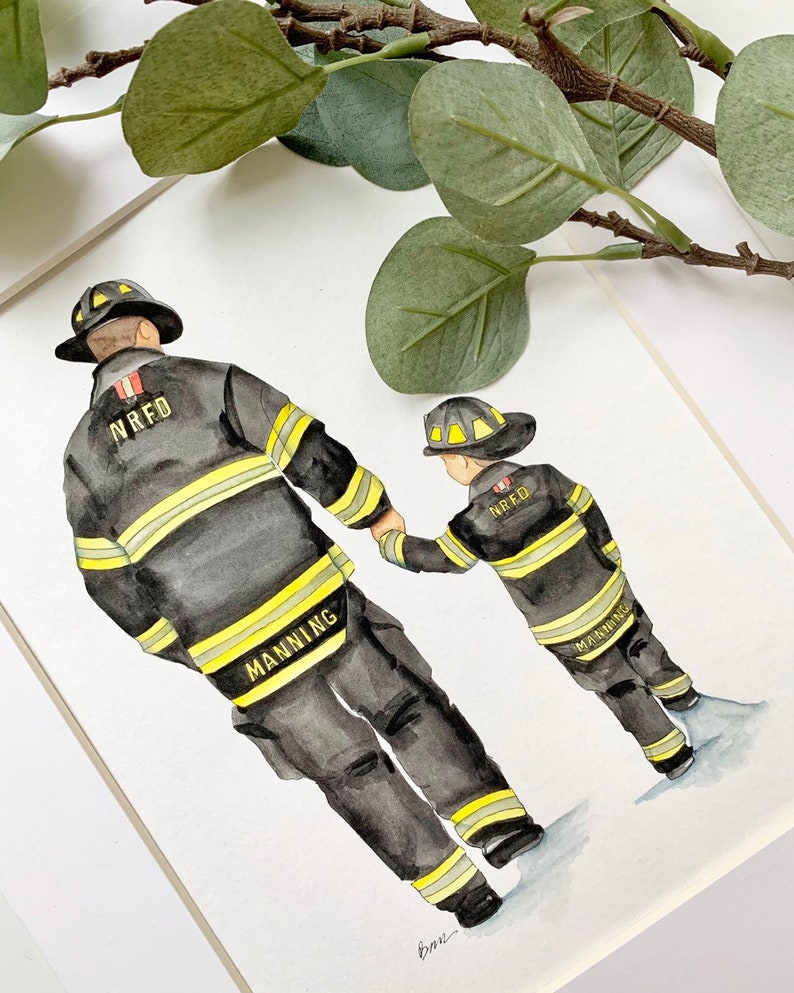 Firefighter and His Son Watercolor. Firefighter Nursery