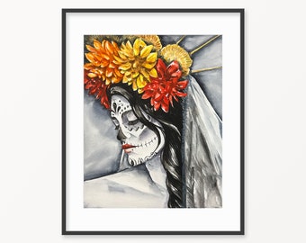 Dia de los Muertos Art. Art mural d’Halloween. Impression aquarelle du Jour de la Mariée Morte. Décor d’automne. Fille du Jour des Morts.