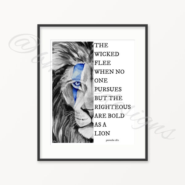 Ready to ship Police decor. Lion Wall Art. Law enforcement Watercolor print. Thin Blue Line Art