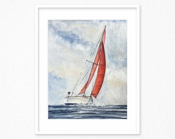 May include: A watercolor painting of a sailboat with a red sail, sailing on a blue body of water under a cloudy sky.