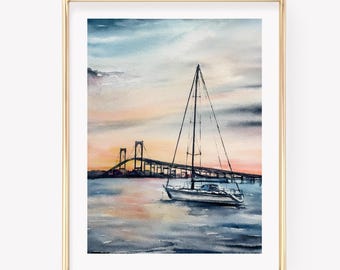 Ready to ship Newport Bridge watercolor print. Newport, RI watercolor. Sailing Newport Art. Rhode Island art print.