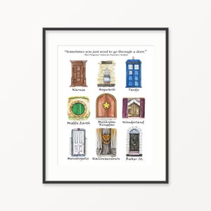 Storybook doors watercolor print. Doors to Magical Worlds Print. Children&#39;s room decor.