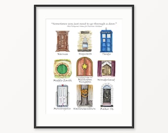 Storybook doors watercolor print. Doors to Magical Worlds Print. Children's room decor.