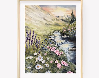 Valley of Flowers Watercolor Print. Wildflowers wall Art. Floral watercolor print. Girl Room decor.