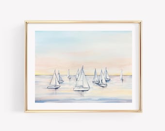 Sunset Boats Watercolor Print. Nautical Wall Art. Sailboat Decor. Coastal Wall Art. Sailing Watercolor. Pink sunset boats.