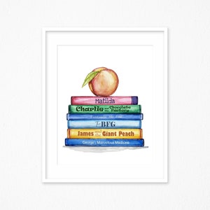 Children&#39;s Books Watercolor Print. Book Stack Collection Art Print. Classroom decor. Storybook art.
