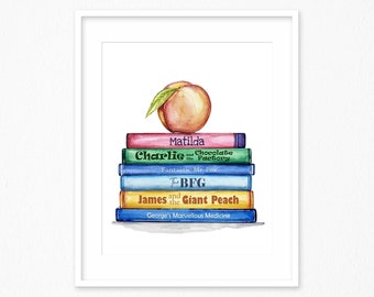 Children's Books Watercolor Print. Book Stack Collection Art Print. Classroom decor. Storybook art.