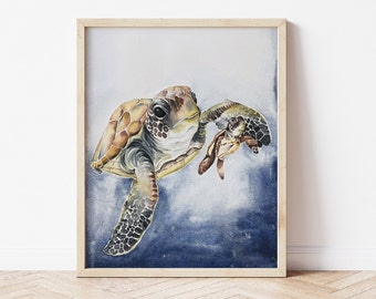 Sea Turtles watercolor print. Turtle nursery decor. Sea turtle wall art. Mommy and Me art. Turtle mommy and me nursery art.