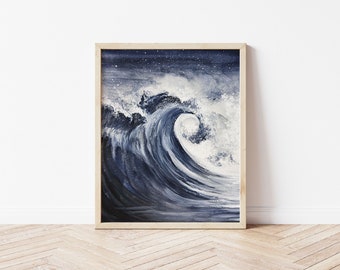 May include: A framed watercolor painting of a large, blue wave crashing against a white background. The wave is depicted in a realistic style, with splashes of white paint representing foam.
