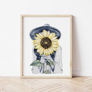 Girl with a Sunflower Watercolor Print