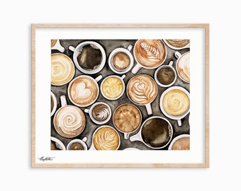 Listo para enviar. Decoración con temática de café. Lámina de acuarela sobre café.