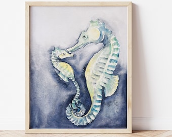 Sea Horse watercolor print. Sea horses nursery decor. Sea Horse wall art. Mommy and Me art. sea creatures nursery art.