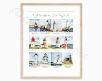 Ready to ship Lighthouses of New England watercolor print. New England watercolor art. Lighthouse decor. Coastal Wall Art.