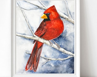Kardinaal aquarelprint. Vogel aquarel kunst. Winterdecor. Kerstkunst aan de muur. Rode kardinaal