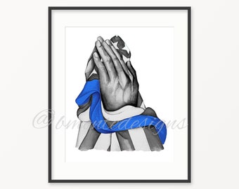 Thin Blue Line Art Print: Praying Hands, American Flag