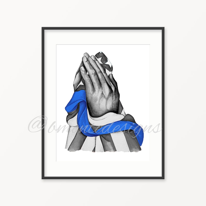 Thin Blue Line Art Print: Praying Hands, American Flag image 1