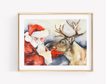 Santa and Reindeer Watercolor Christmas Print