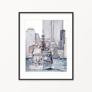 USS Yorktown kunst aan de muur. Herdenkingsprint 11 september. Herdenkingskunst Twin Towers.