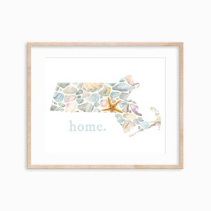 Ready to ship Massachusetts state watercolor print. Seashells watercolor. MA state watercolor. Bay State art print.