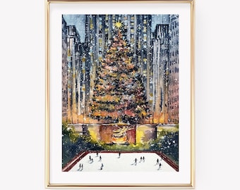 Christmas in the City Watercolor Print. Christmas in NYC Art. New York City Christmas. Holiday Decor