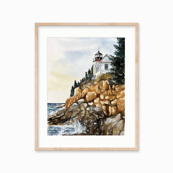 Bass Harbor Lighthouse watercolor print. ME watercolor. Lighthouse decor. Maine Seacoast art print. Maine Lighthouses decor.