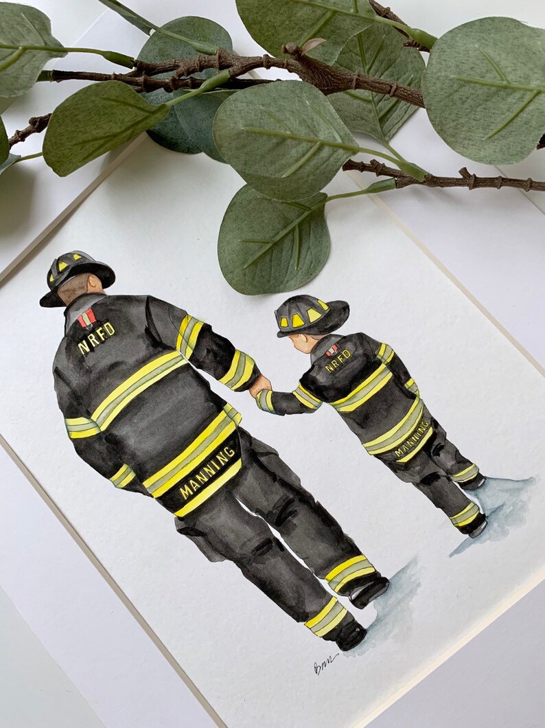 Firefighter and His Son Watercolor. Firefighter Nursery
