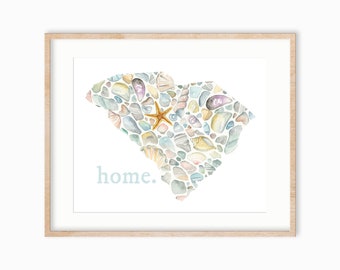 Pronto para enviar impressão em aquarela do estado da Carolina do Sul. Aquarela de conchas. Aquarela do estado de SC. Impressão de arte do estado de Palmetto.