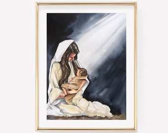 Arte ad acquerello di Maria. Maria e Gesù. Arte religiosa. Arte di Gesù. Decorazioni cristiane. Arte murale natalizia. Arte della nascita di Gesù.