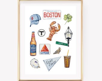 All things Boston Watercolor Print. New England Decor. East Coast Summer Art. New England Art. Boston Decor
