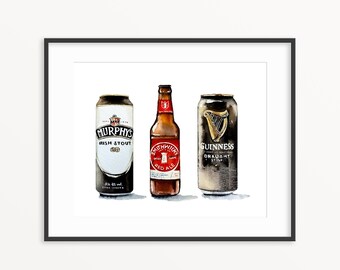 Irish Beers Watercolor Print. Bar Decor. Pub wall art.