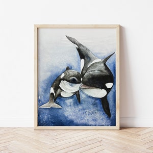 Orcas watercolor print. Whale nursery decor. Killer Whale wall art. Mommy and Me art. Whale nursery art.