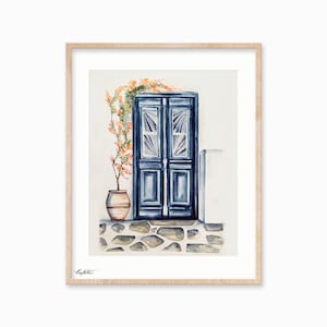 Mediterranean Door print. Greek doorway watercolor print. Blue doorway.
