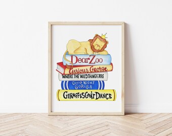 Safari Nursery Decor Print | Lion with Storybook Stack