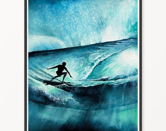 Surfer watercolor print. Surfing wall art. Surfer wall decor