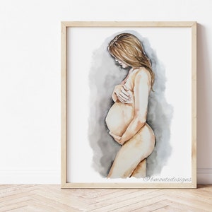 Motherhood art print. Pregnancy art. Figure drawing. Pregnant mother watercolor art.