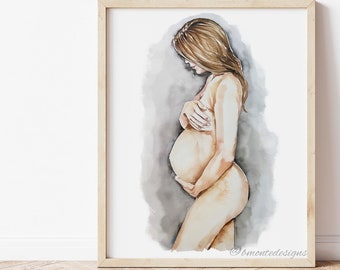 Impresión de arte de maternidad. Arte del embarazo. Dibujar figuras. Arte de acuarela de madre embarazada.