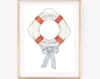 Nautical Christmas decor. Nautical Christmas wall art. Christmas buoy art. Christmas watercolor print. Holiday beach decor