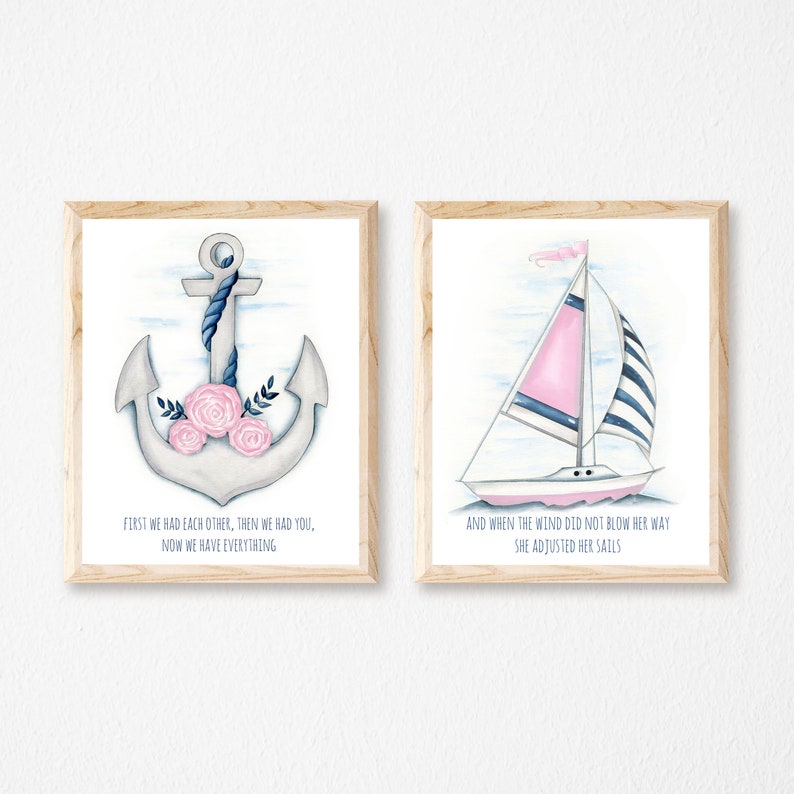 Girl nautical decor Nautical nursery decor Anchor nursery decor Nautical matching print set Pink nautical nursery decor
